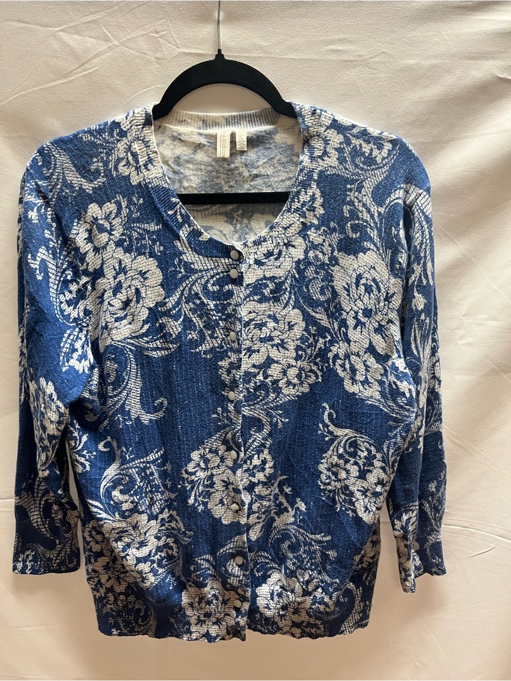 Madison Blue and White Floral Knit Cardigan